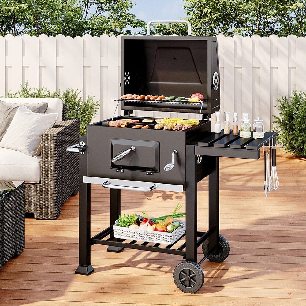 3ft Outdoor Carbon Steel BBQ Cooker BBQ Grill Side Shelves - House Comfort