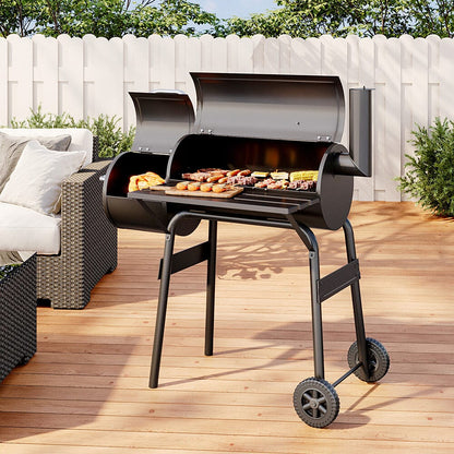 3ft Outdoor Charcoal BBQ Grill with Offset 2 - in - 1 Smoker and Wheels - House Comfort