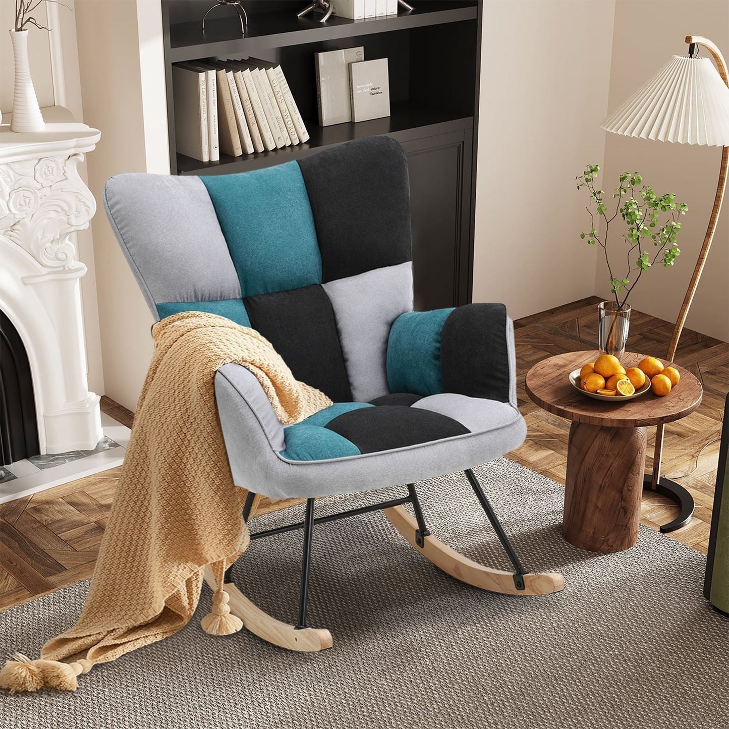 3ft Patchwork Upholstered Rocking Chair with Wooden Skates - House Comfort