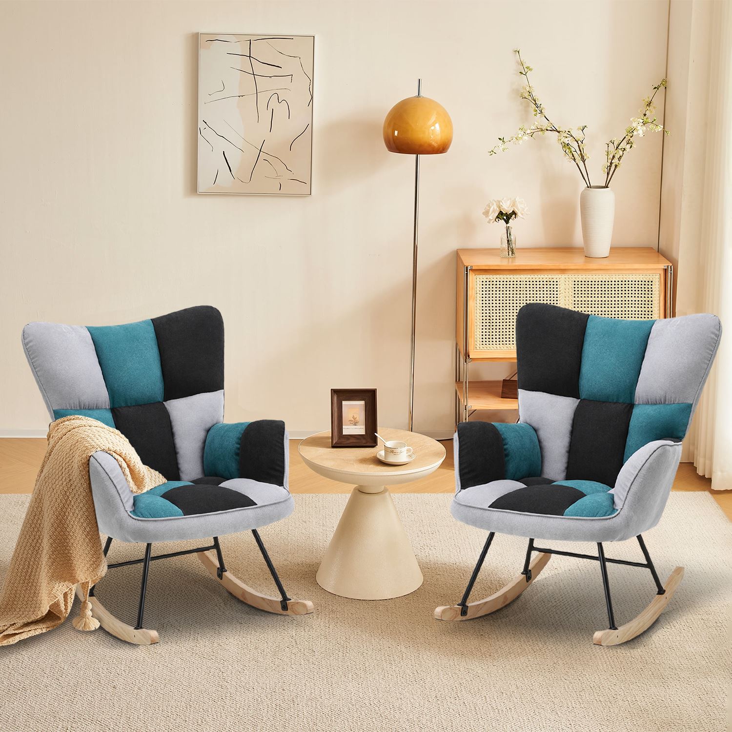 3ft Patchwork Upholstered Rocking Chair with Wooden Skates - House Comfort