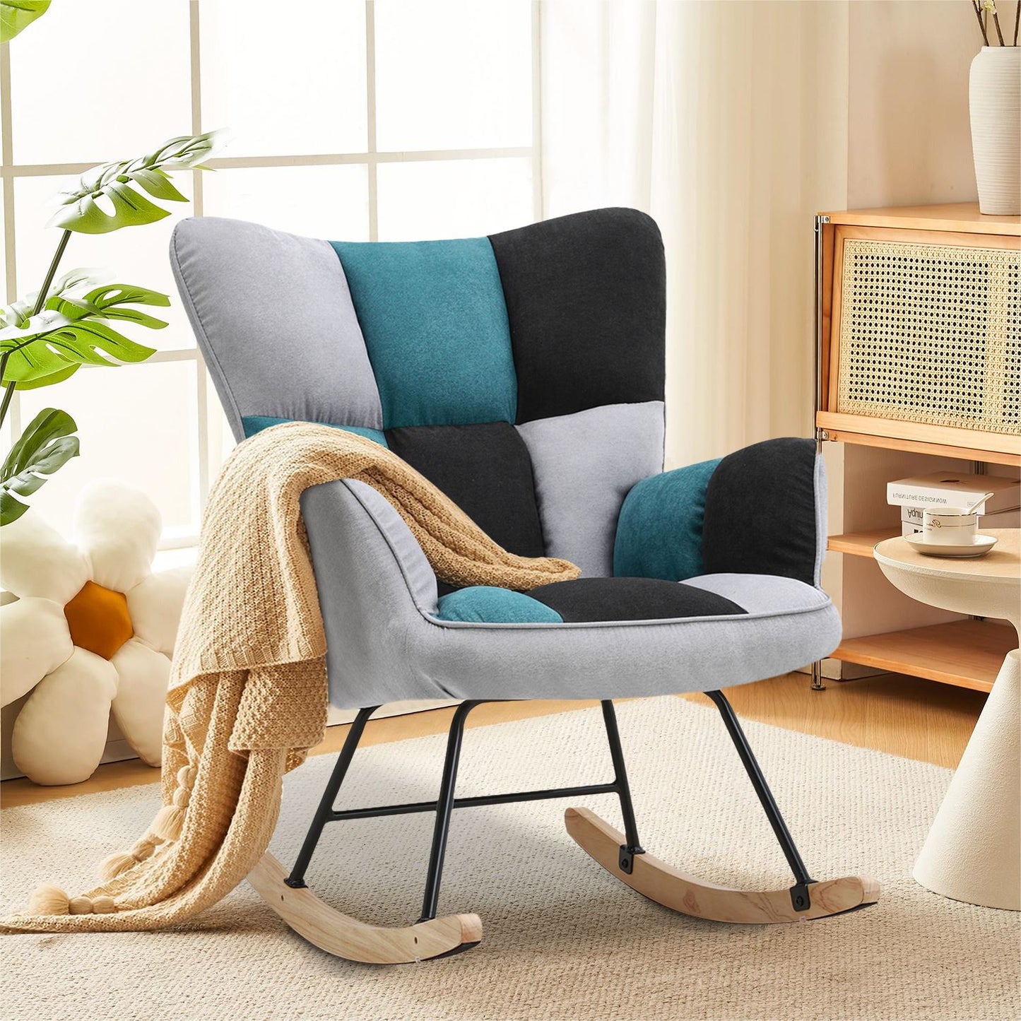 3ft Patchwork Upholstered Rocking Chair with Wooden Skates - House Comfort