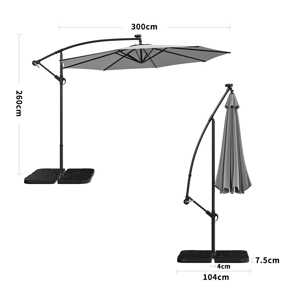 3M Cantilever Garden Parasols Light Grey Iron Banana Umbrella with LED Lights - House Comfort