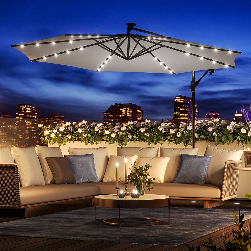3M Cantilever Garden Parasols Light Grey Iron Banana Umbrella with LED Lights - House Comfort