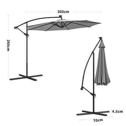 3M Cantilever Garden Parasols Light Grey Iron Banana Umbrella with LED Lights - House Comfort
