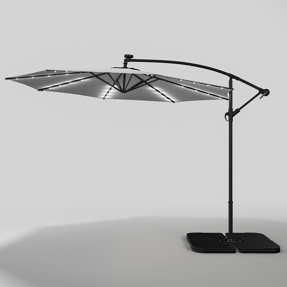 3M Cantilever Garden Parasols Light Grey Iron Banana Umbrella with LED Lights - House Comfort
