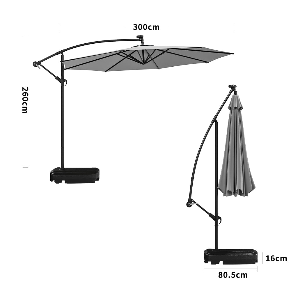 3M Cantilever Garden Parasols Light Grey Iron Banana Umbrella with LED Lights - House Comfort