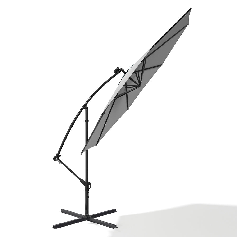 3M Cantilever Garden Parasols Light Grey Iron Banana Umbrella with LED Lights - House Comfort