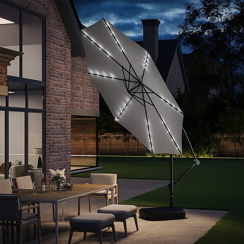 3M Cantilever Garden Parasols Light Grey Iron Banana Umbrella with LED Lights - House Comfort