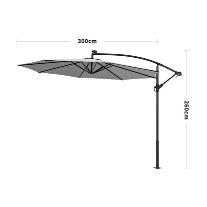 3M Cantilever Garden Parasols Light Grey Iron Banana Umbrella with LED Lights - House Comfort