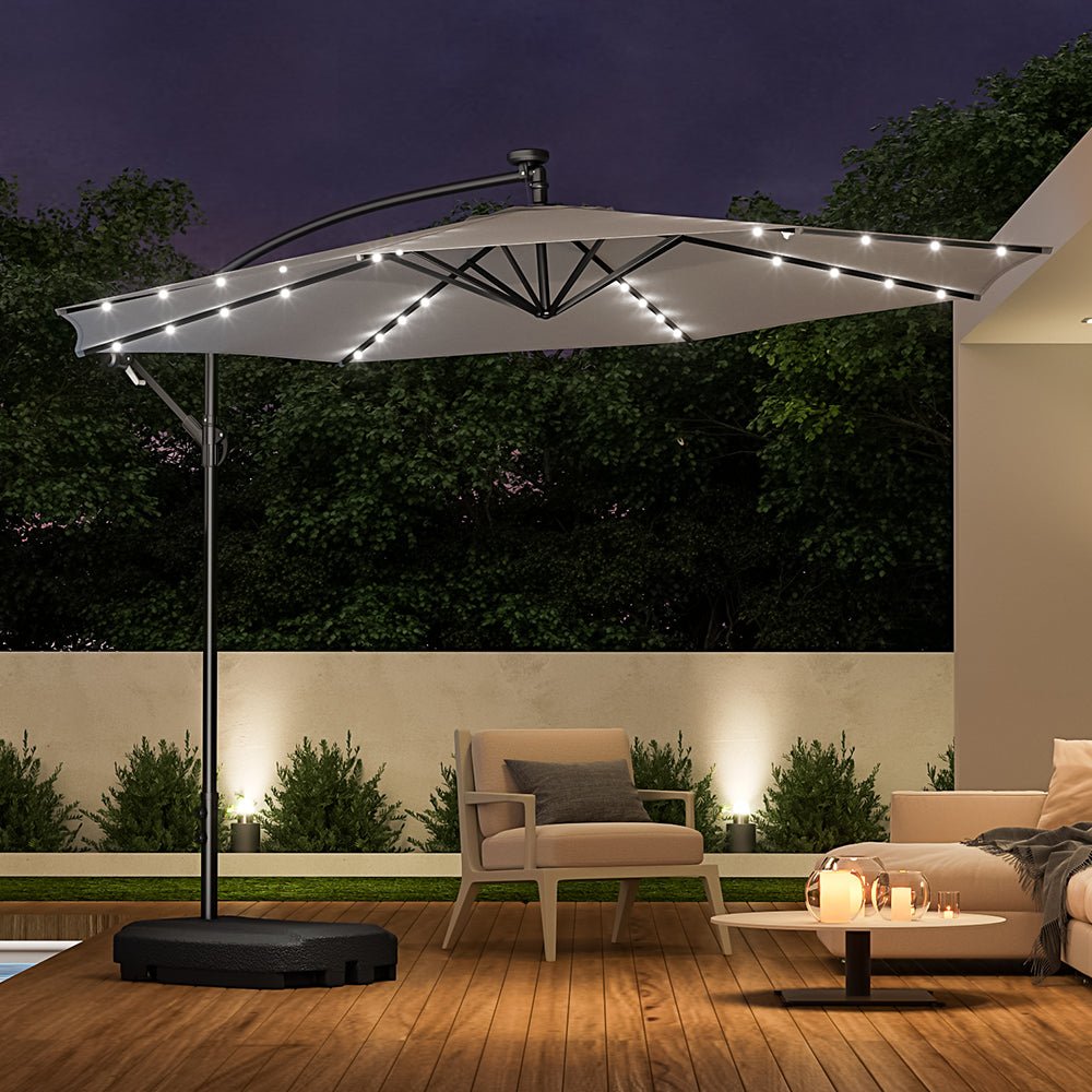 3M Cantilever Garden Parasols Light Grey Iron Banana Umbrella with LED Lights - House Comfort