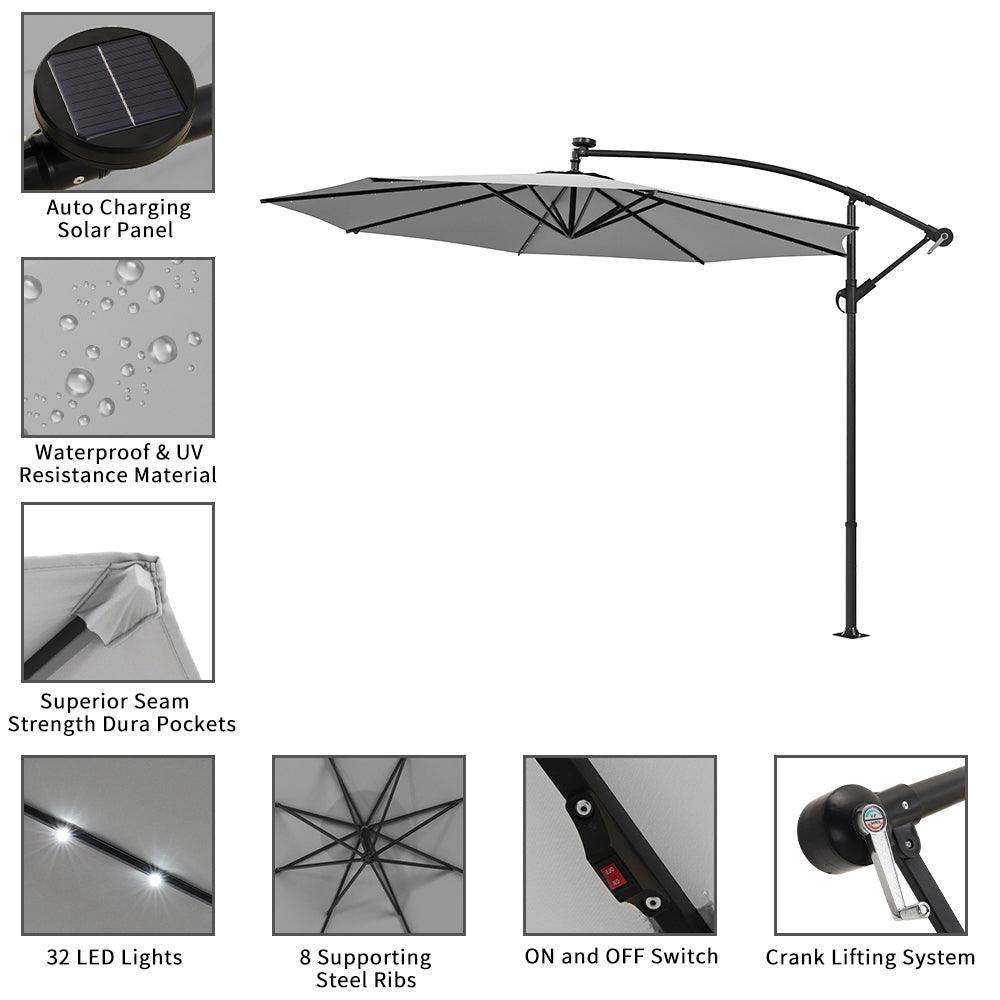 3M Cantilever Garden Parasols Light Grey Iron Banana Umbrella with LED Lights - House Comfort