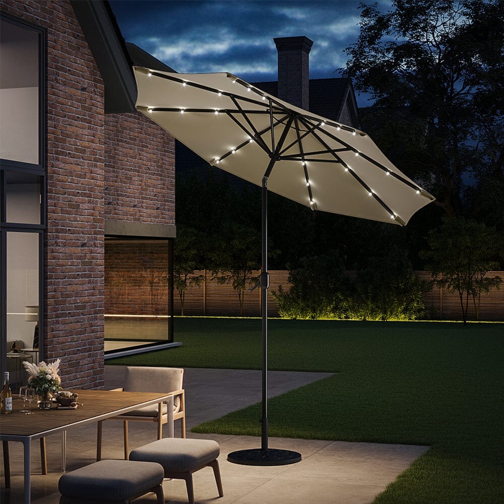 3M Garden Parasol Beige Patio Sun Umbrella Sunshade Canopy With Solar LED Lights - House Comfort