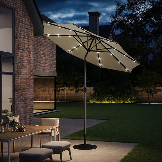 3M Garden Parasol Beige Patio Sun Umbrella Sunshade Canopy With Solar LED Lights - House Comfort