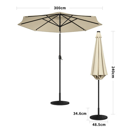 3M Garden Parasol Beige Patio Sun Umbrella Sunshade Canopy With Solar LED Lights - House Comfort