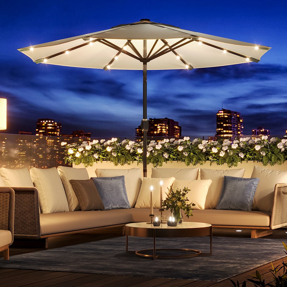 3M Garden Parasol Beige Patio Sun Umbrella Sunshade Canopy With Solar LED Lights - House Comfort