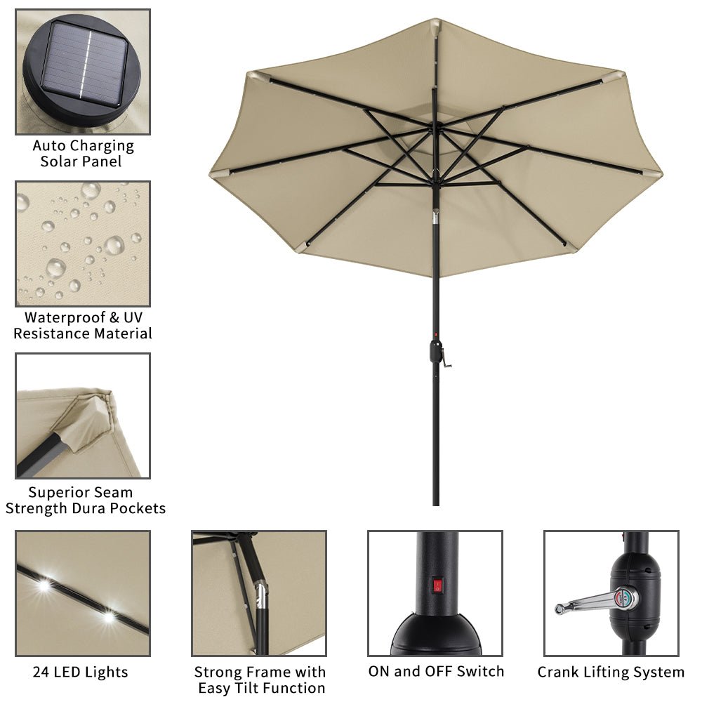 3M Garden Parasol Beige Patio Sun Umbrella Sunshade Canopy With Solar LED Lights - House Comfort