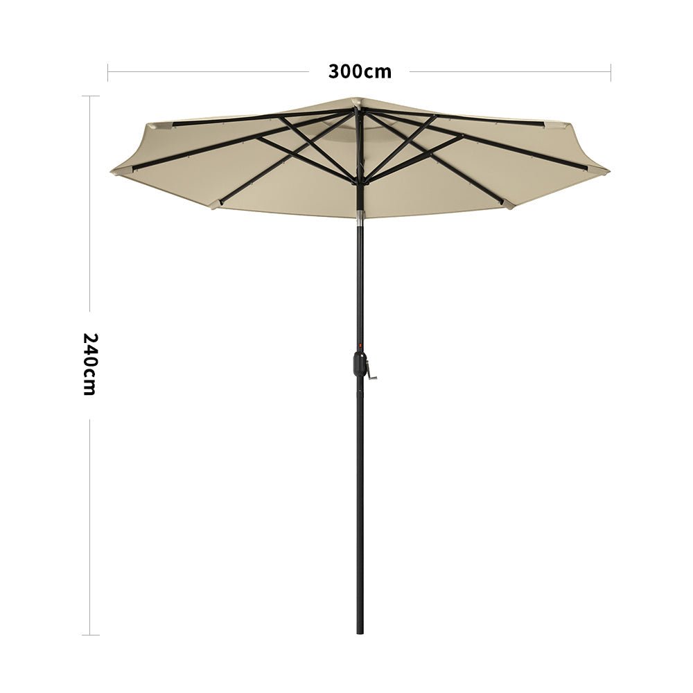 3M Garden Parasol Beige Patio Sun Umbrella Sunshade Canopy With Solar LED Lights - House Comfort