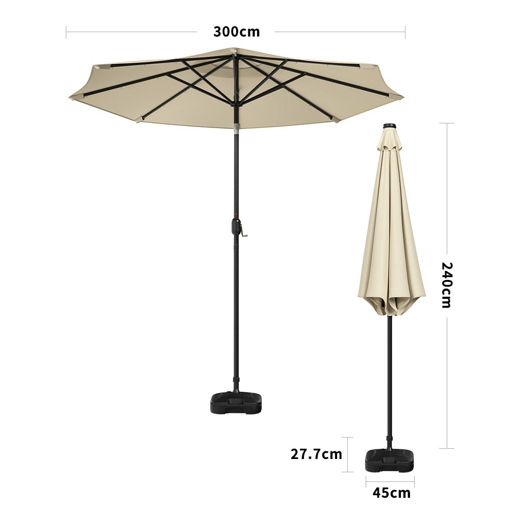 3M Garden Parasol Beige Patio Sun Umbrella Sunshade Canopy With Solar LED Lights - House Comfort