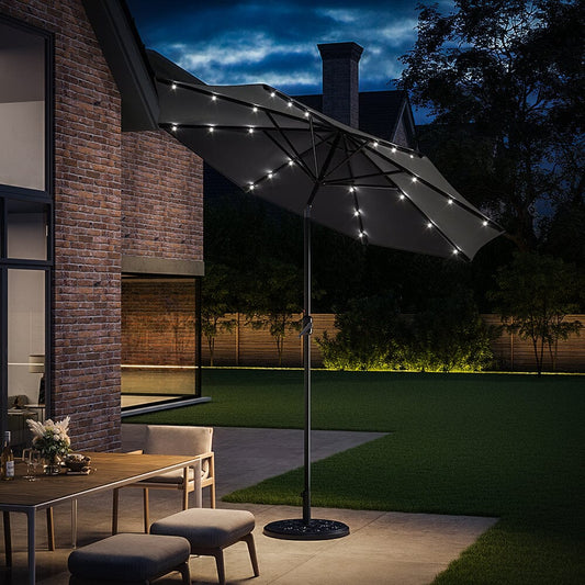 3M Garden Parasol Sun Umbrella Dark Grey Iron With Solar LED Lights - House Comfort