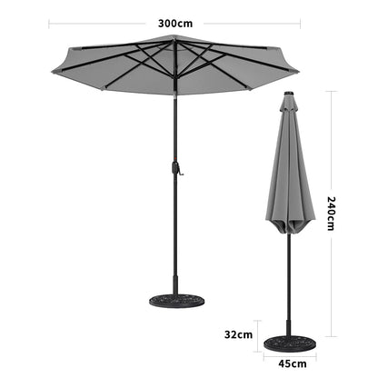 3M Garden Parasol Sun Umbrella Light Grey Iron With Solar LED Lights - House Comfort
