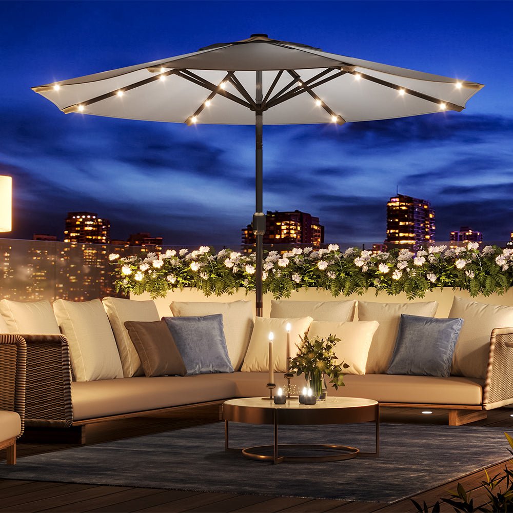 3M Garden Parasol Sun Umbrella Light Grey Iron With Solar LED Lights - House Comfort