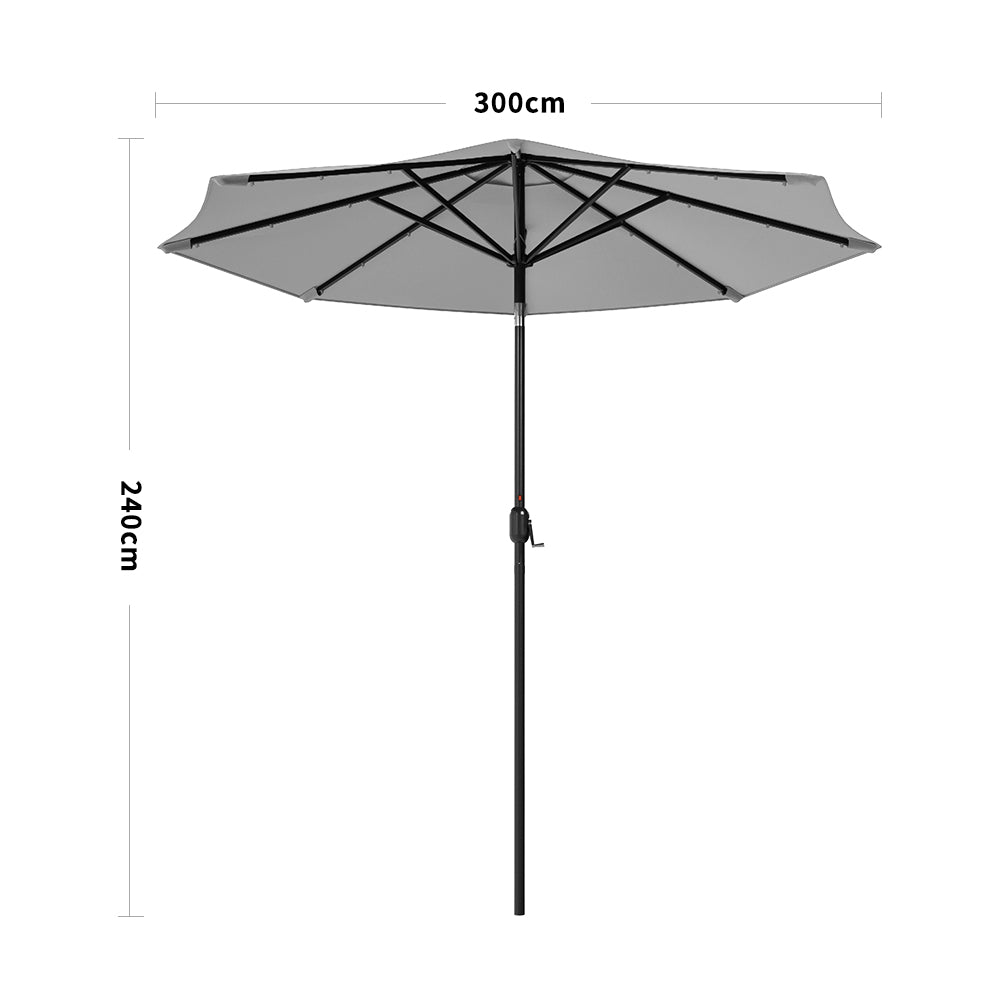 3M Garden Parasol Sun Umbrella Light Grey Iron With Solar LED Lights - House Comfort