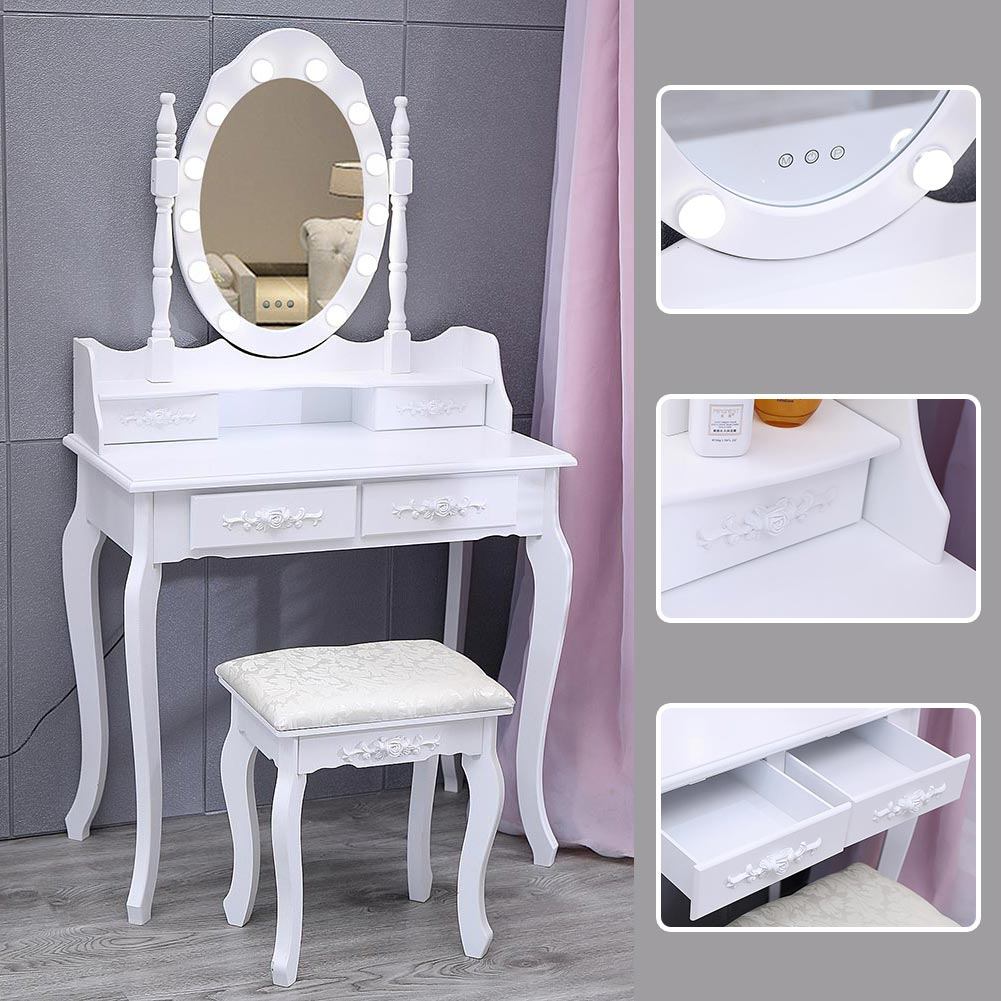 4 Drawers Dressing Table Dressers Bedroom with Bulbs Mirror & Stool Set White - House Comfort