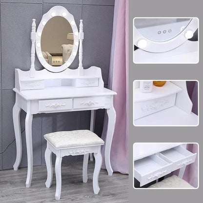 4 Drawers Dressing Table Dressers Bedroom with Bulbs Mirror & Stool Set White - House Comfort