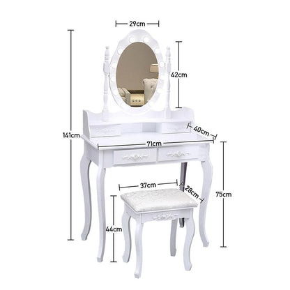 4 Drawers Dressing Table Dressers Bedroom with Bulbs Mirror & Stool Set White - House Comfort