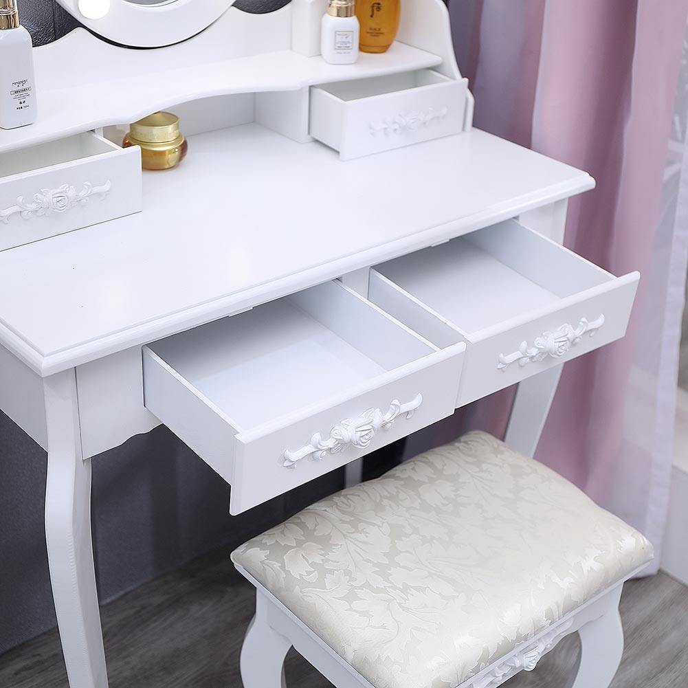 4 Drawers Dressing Table Dressers Bedroom with Bulbs Mirror & Stool Set White - House Comfort