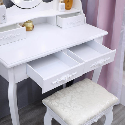 4 Drawers Dressing Table Dressers Bedroom with Bulbs Mirror & Stool Set White - House Comfort