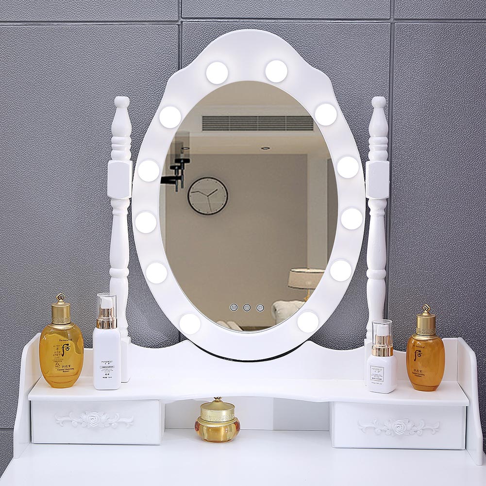 4 Drawers Dressing Table Dressers Bedroom with Bulbs Mirror & Stool Set White - House Comfort