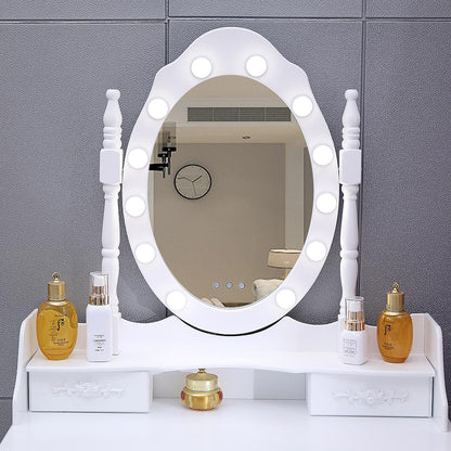 4 Drawers Dressing Table Dressers Bedroom with Bulbs Mirror & Stool Set White - House Comfort