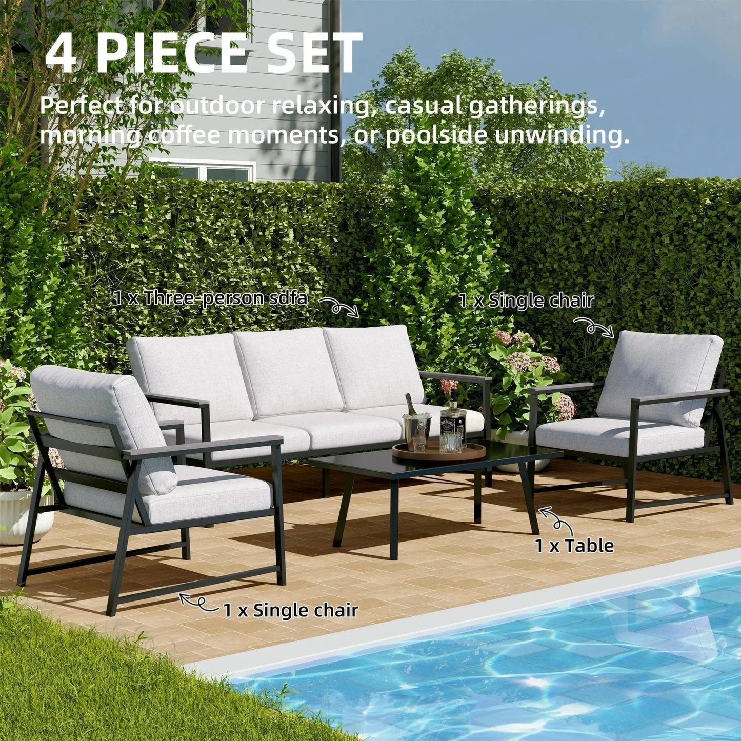 4 Piece Aluminium Outdoor Sofa Set with Glass Table Garden Furniture - House Comfort