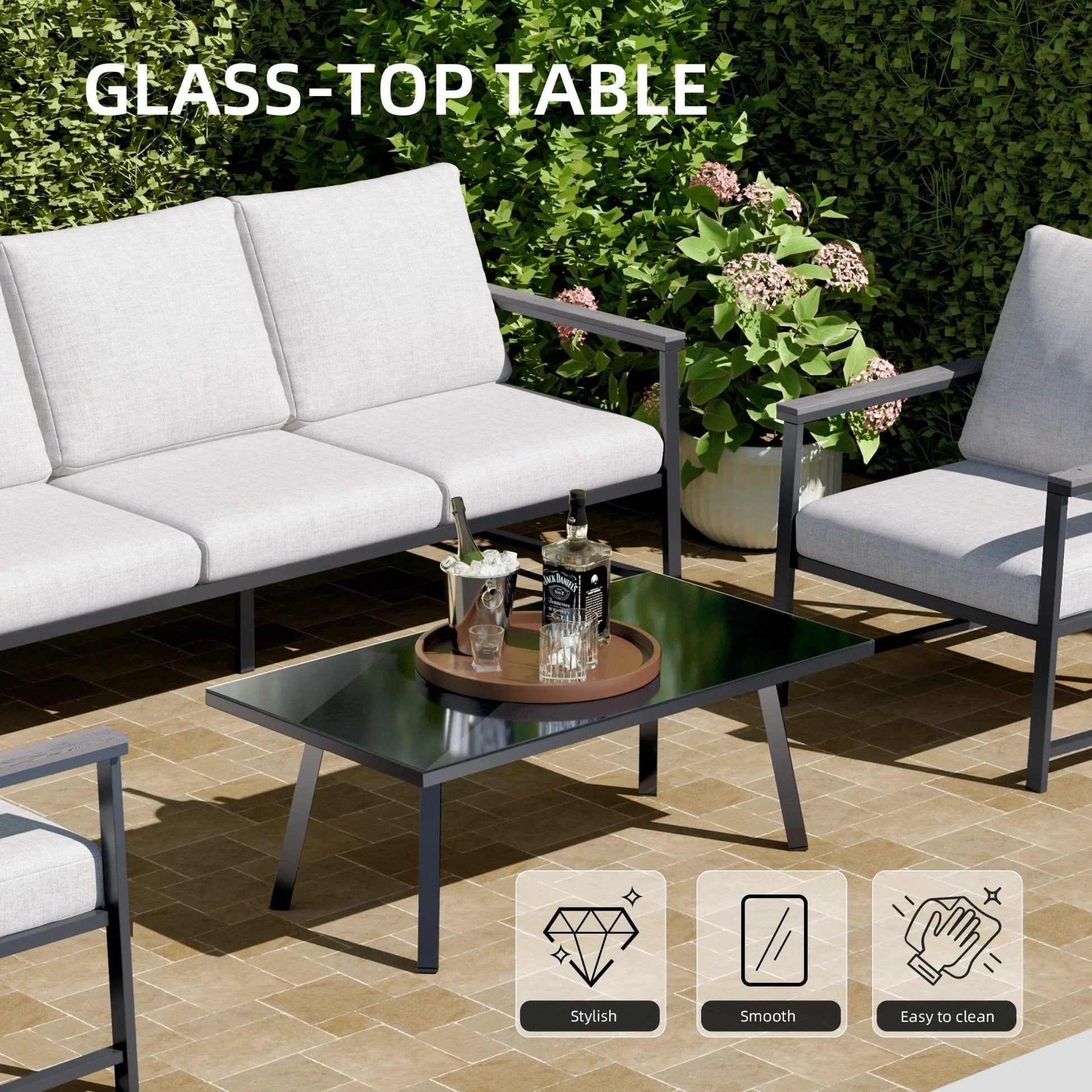 4 Piece Aluminium Outdoor Sofa Set with Glass Table Garden Furniture - House Comfort