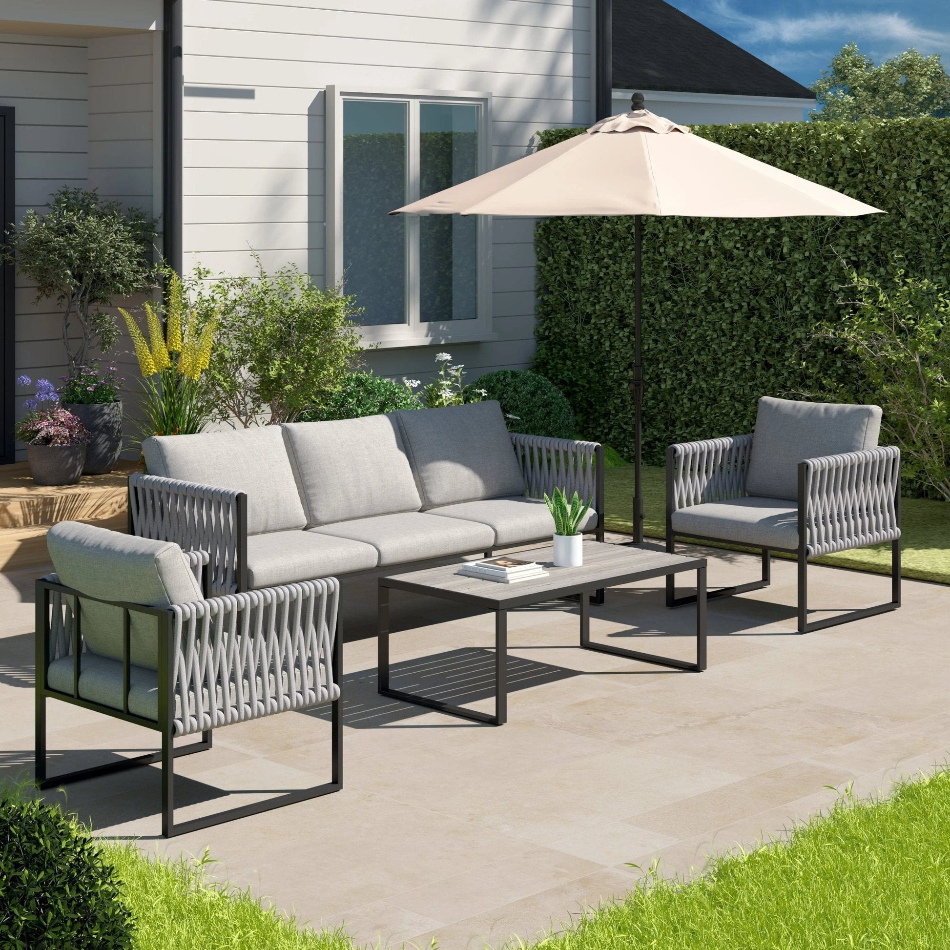 4 Piece Aluminium Outdoor Sofa Set with Glass Table Garden Furniture - House Comfort