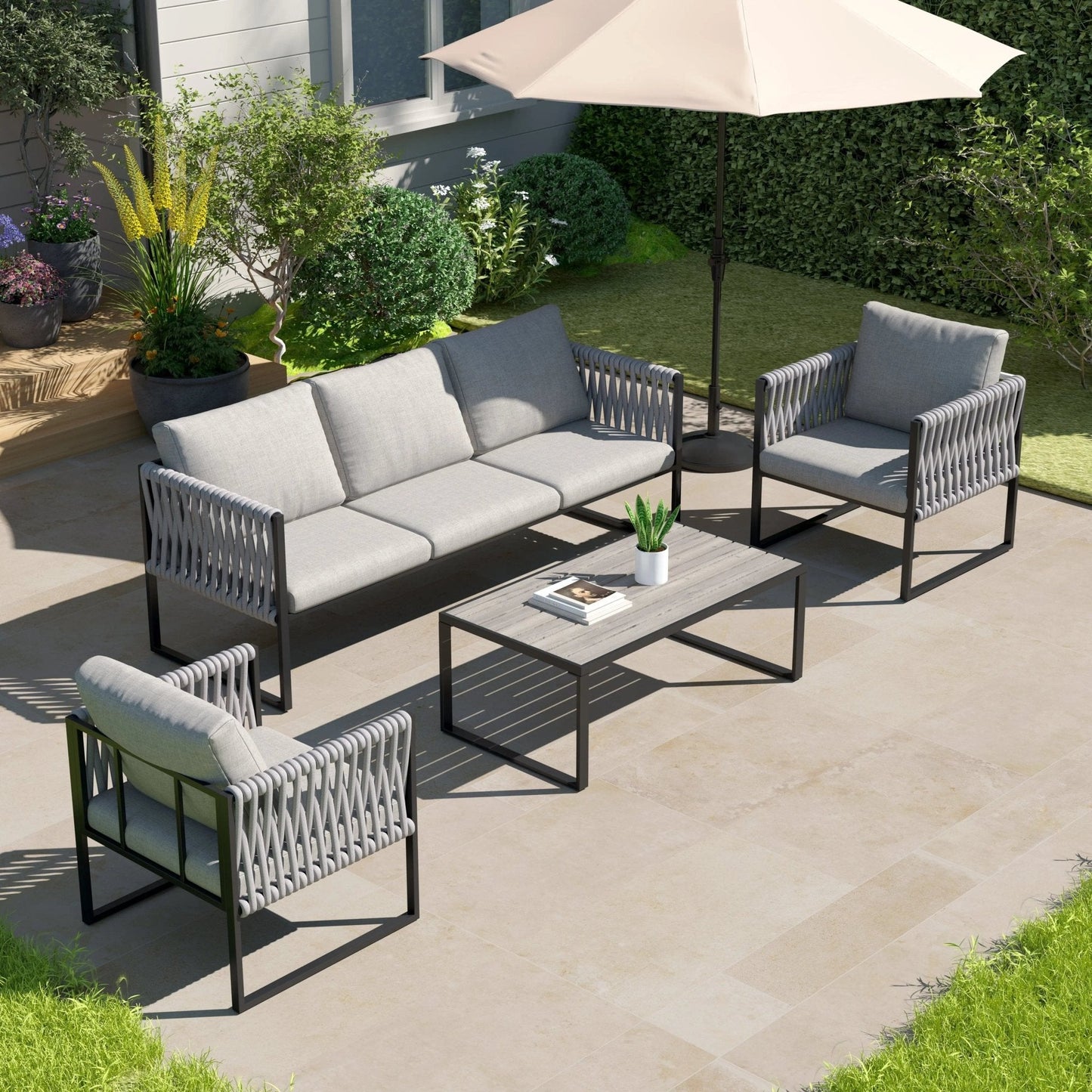 4 Piece Aluminium Outdoor Sofa Set with Glass Table Garden Furniture - House Comfort