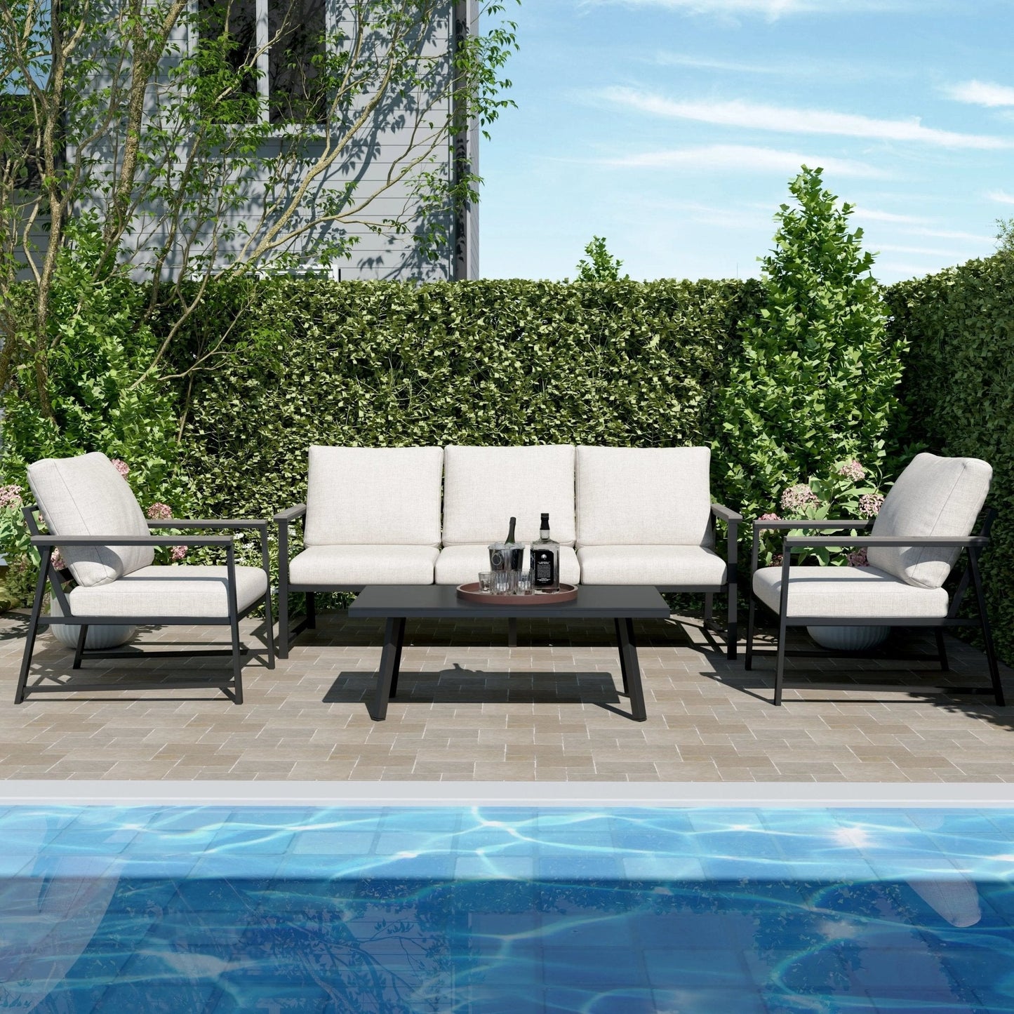 4 Piece Aluminium Outdoor Sofa Set with Glass Table Garden Furniture - House Comfort