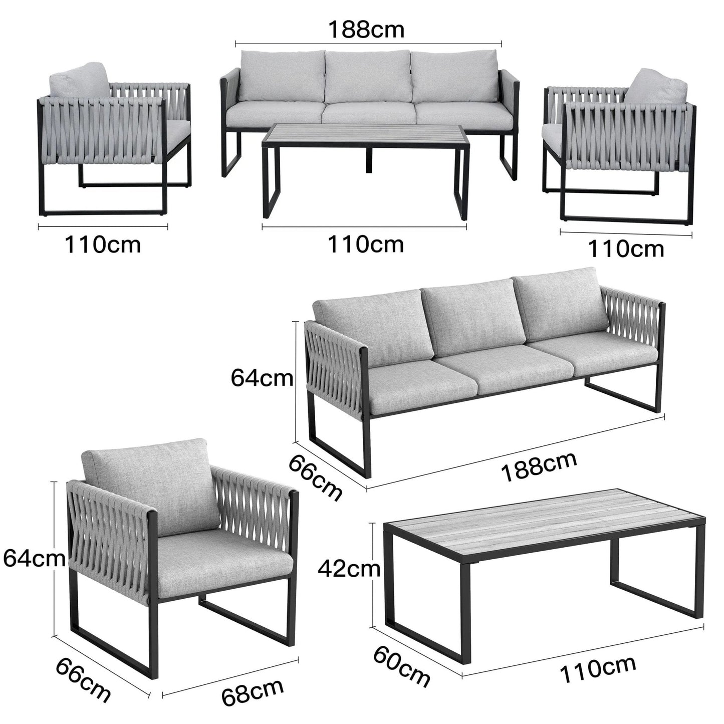 4 Piece Aluminium Outdoor Sofa Set with Glass Table Garden Furniture - House Comfort