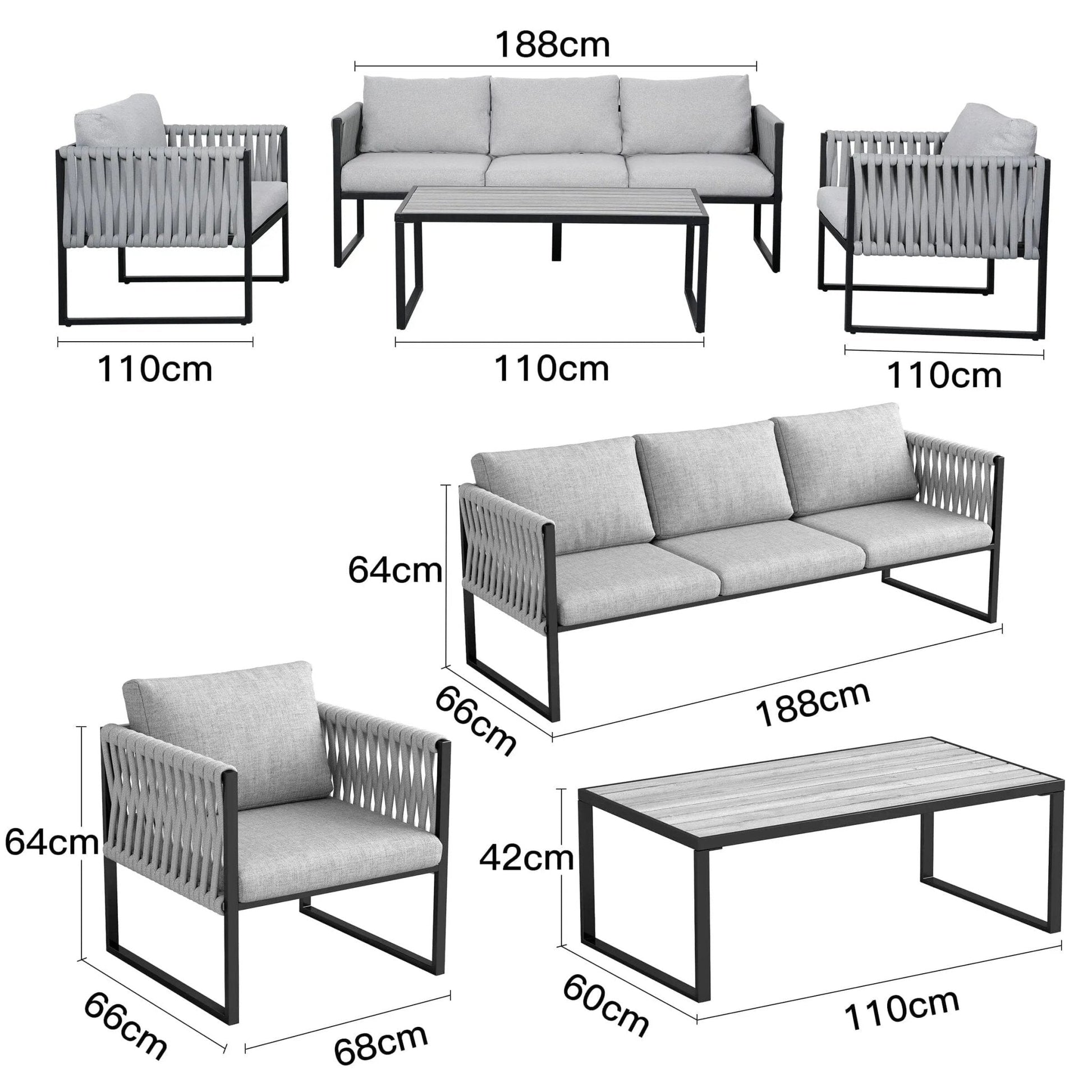 4 Piece Aluminium Outdoor Sofa Set with Glass Table Garden Furniture - House Comfort