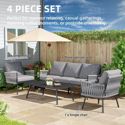 4 Piece Aluminium Outdoor Sofa Set with Glass Table Garden Furniture - House Comfort