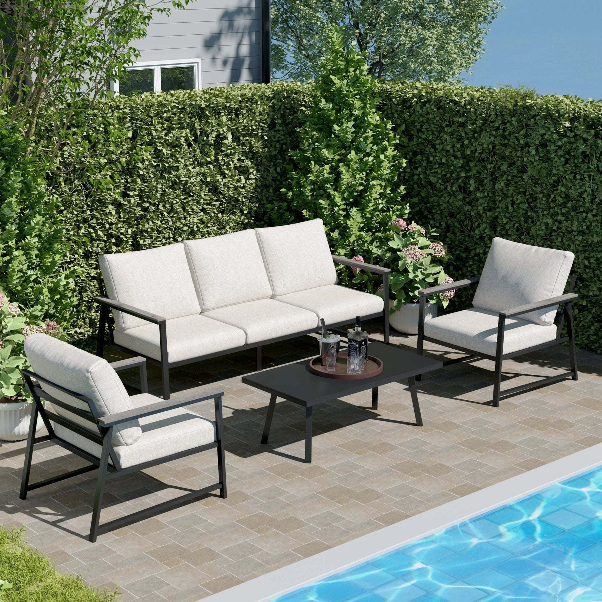 4 Piece Aluminium Outdoor Sofa Set with Glass Table Garden Furniture - House Comfort