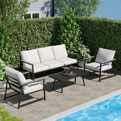 4 Piece Aluminium Outdoor Sofa Set with Glass Table Garden Furniture - House Comfort