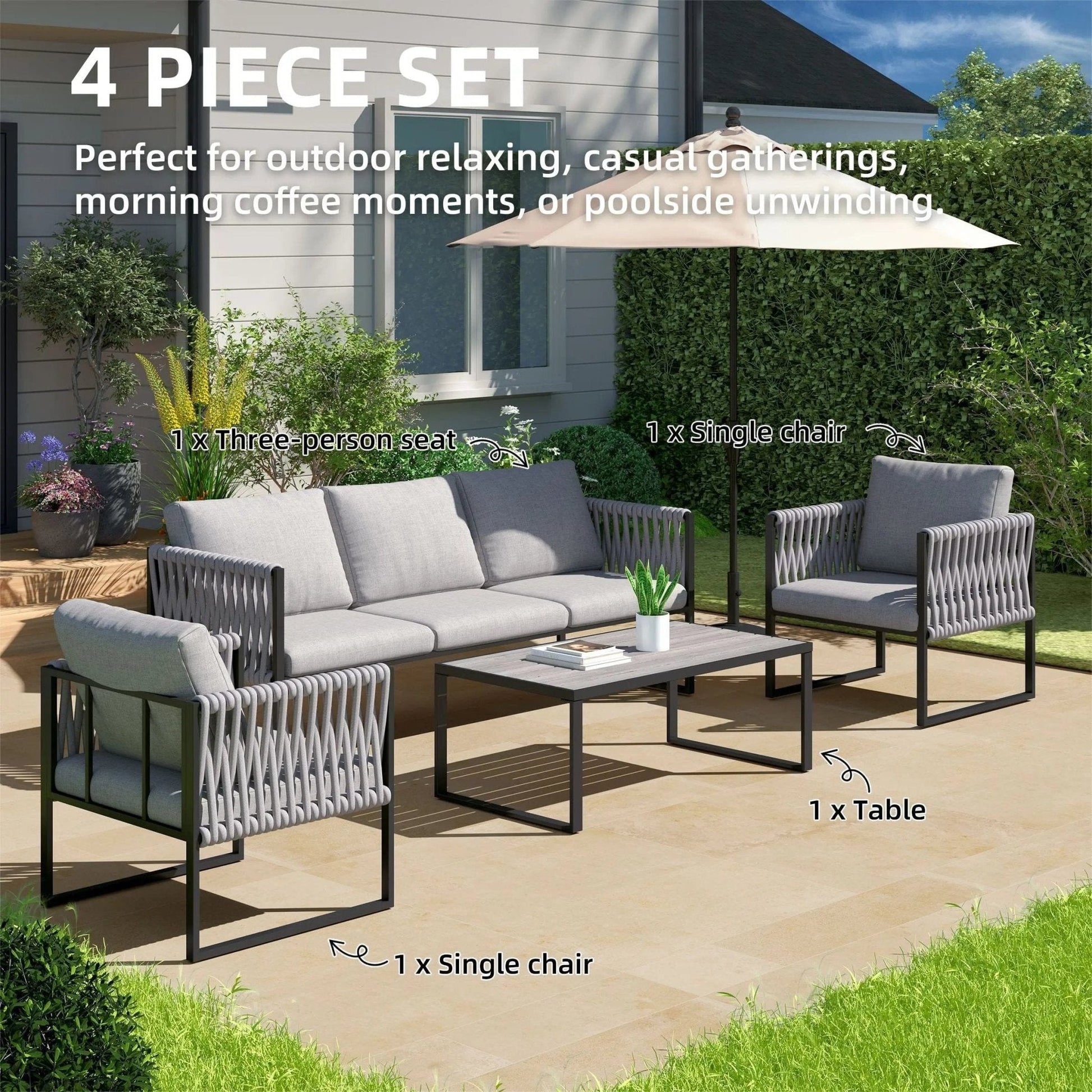 4 Piece Aluminium Outdoor Sofa Set with Glass Table Garden Furniture - House Comfort