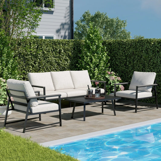 4 Piece Aluminium Outdoor Sofa Set with Glass Table Garden Furniture - House Comfort