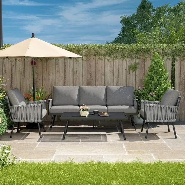 4 Piece Aluminium Outdoor Sofa Set with Glass Table Garden Furniture - House Comfort