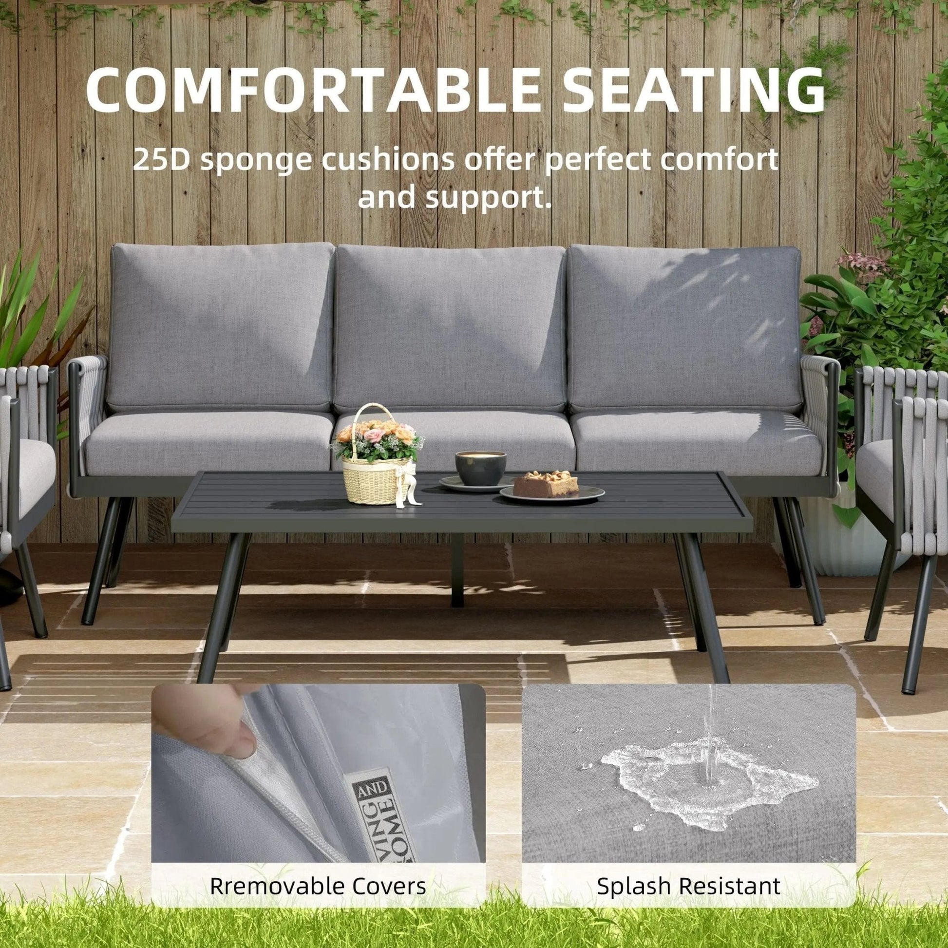 4 Piece Aluminium Outdoor Sofa Set with Glass Table Garden Furniture - House Comfort