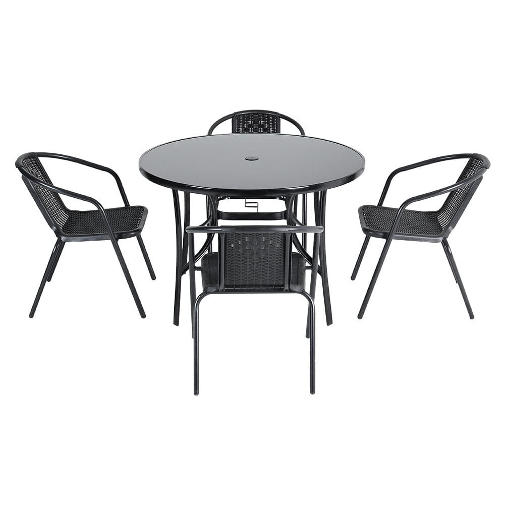4 Seater Outdoor Round Table Garden Tempered Glass Table and Rattan Chairs - House Comfort
