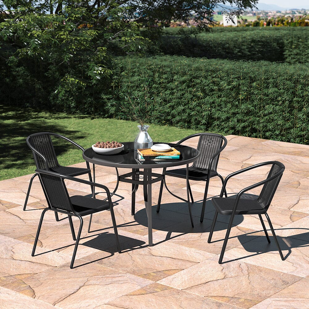 4 Seater Outdoor Round Table Garden Tempered Glass Table and Rattan Chairs - House Comfort