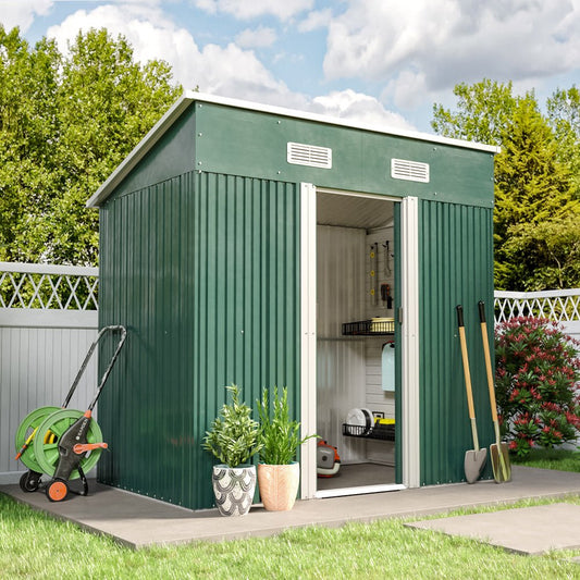 4 x 6 ft / 4 x 8 ft Steel Garden Shed with Skillion Roof Top Steel Black/Green - House Comfort
